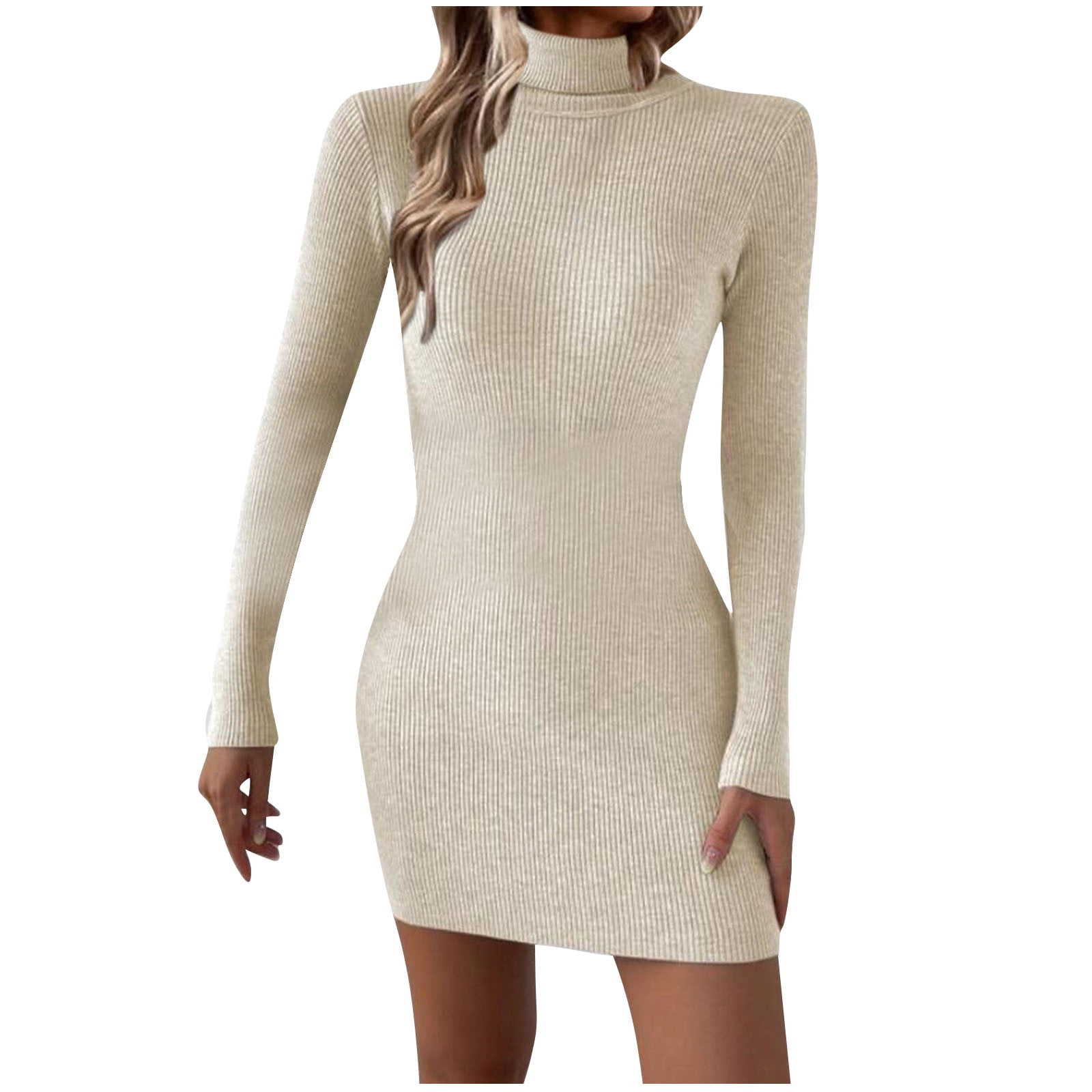 Dress Women Formal Women's Turtleneck Ribbed Knit Dress Long Sleeve Slim Fitting Sweater Dress Bodycon Mini Dresses Sun Dresses for Women Casual S-118 Beige S