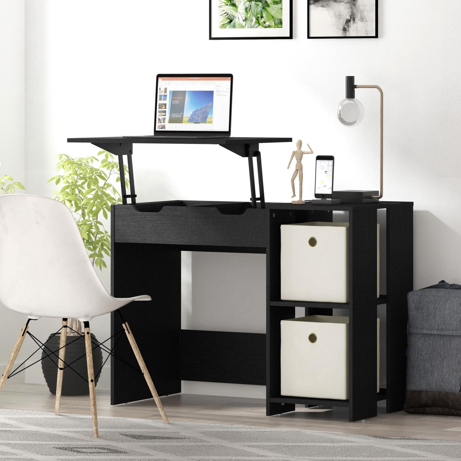 Hillsdale Cedar Falls Wood Lift Top Study Desk with 2 Cubbies, Black Oak