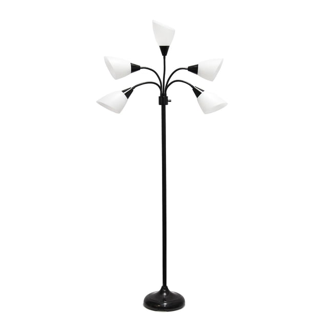 Simple Designs Lampe sur Pied à Col de Cygne Réglable à 5 Lumières avec une base en Métal Noire et Cinq Bras à Col de Cygne Flexibles Tenant Chacun un Abat-Jour Incliné en Plastique Blanc, Conçue pour un Éclairage Multidirectionnel Personnalisable dans les Environnements Domestiques et Adaptée à la Lecture Ou à l'Éclairage de Travail.