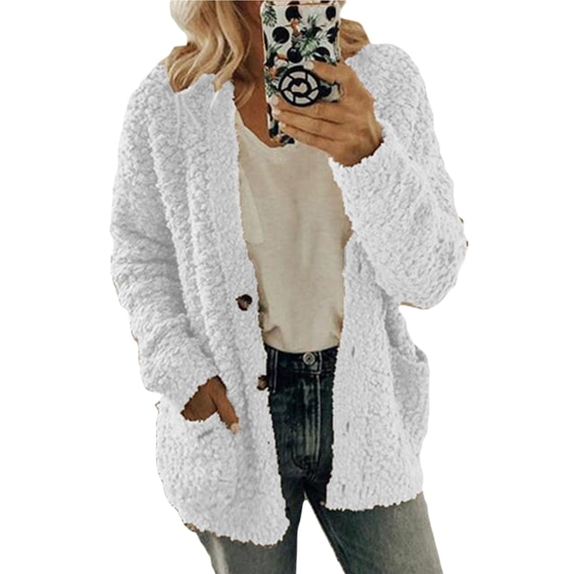 MAWCLOS Manteau Femme Hiver Chaud Veste Cardigan Extérieur Ample Fête Manches Longues Blanc S