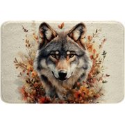Feelyou Wolf Bathroom Rugs 20"x32" Animal Wolves Bath Rugs for Shower Tub Flower and Plants Bath Mats for Bathroom Wildlife Bathroom Accossories Orange White Doormats Floor Mat