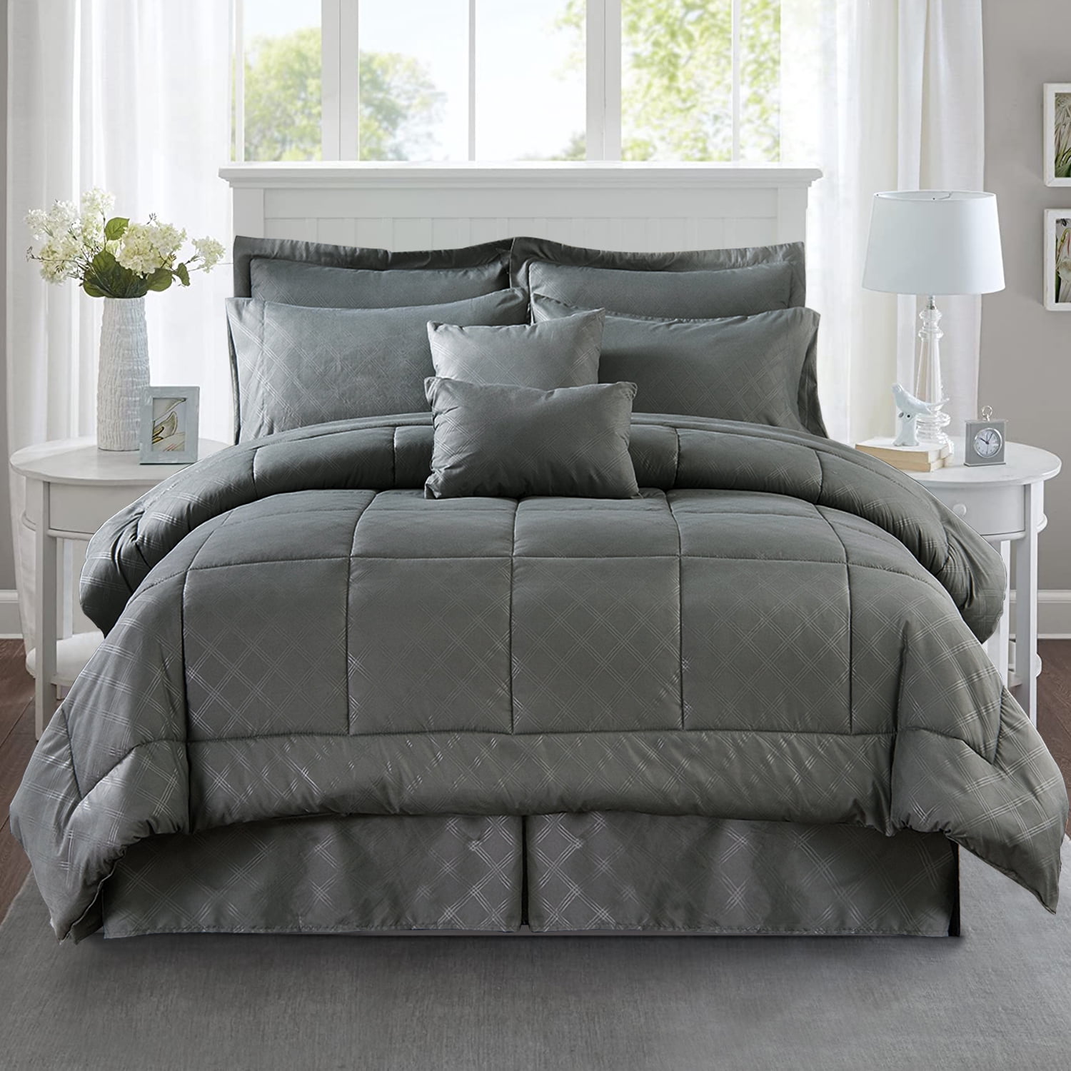 JML Ensemble de Lit Matelassé en Losange 8 Pcs, Jumeau, Gris