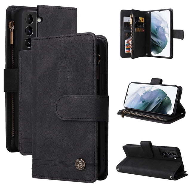 Case for Samsung Galaxy S21 5G Cover Zipper Pocket Wallet Case Magnetic Protective - Black