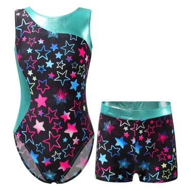 CHICTRY Gymnastique Ensemble 2 Pcs pour Filles Justaucorps Débardeur à Empiècement Métallique avec Short Biketard Athlétique Étoilé Noir 14