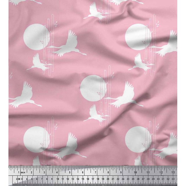 Soimoi Rayon Fabric Bamboo Tree,Moon & Stork Bird Printed Fabric 1 Yard 56 Inch Wide