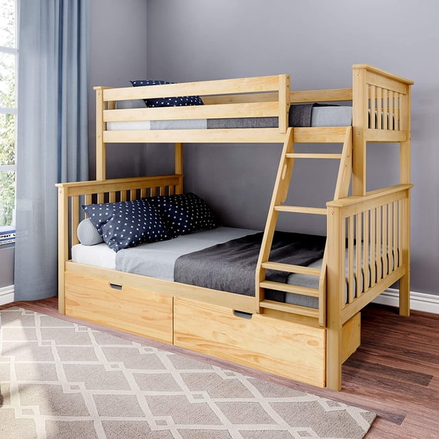 BEDSMART Lits Superposés Simple sur Double en Bois Massif avec Rangement / Naturel