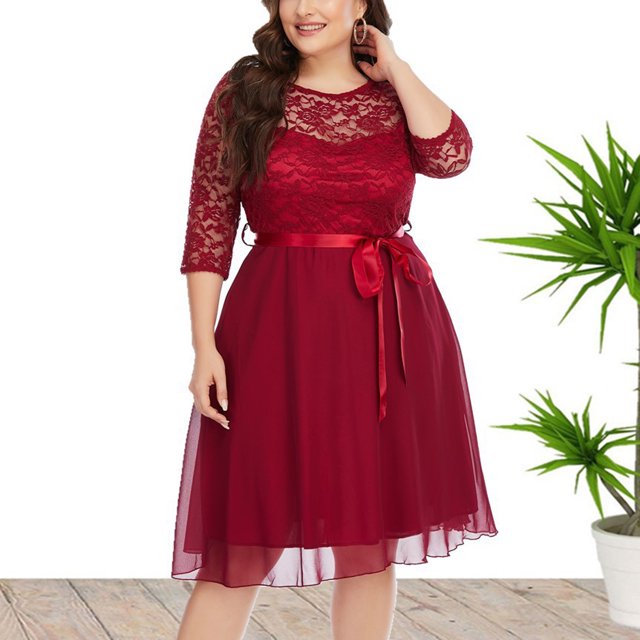 Robes pour Femmes 2024 Mode pour Femmes Aguichant Été Col Rond Manches Courtes Dentelle Mousseline Grande Taille Robe de Soirée en Liquidation