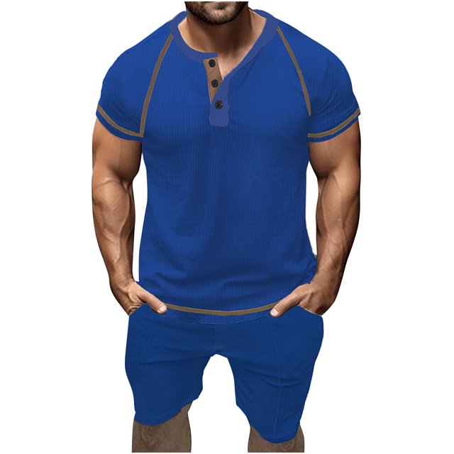 Birdeem Ensembles pour Hommes Chemise et Shorts Mode Décontractée Couleur Unie Blouses Courtes Col Rond Ensembles