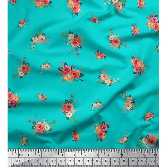 Soimoi Green Poly Georgette Fabric Leaves & Peony Floral Decor Fabric Printed Yard 42 Inch Wide
