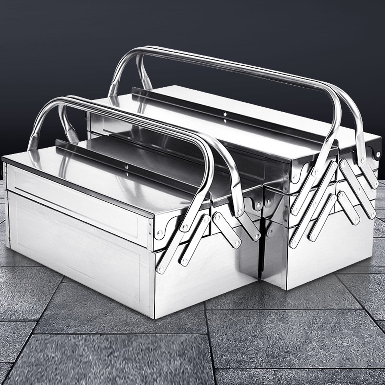 Metal Tool Box, Portable Folding 5 Tray Stainless Steel Tool Chest Cabinet With Carry Handles And Lock Hole, Cantilever Toolbox Tool Organizer Storage Box For Garage Trunk