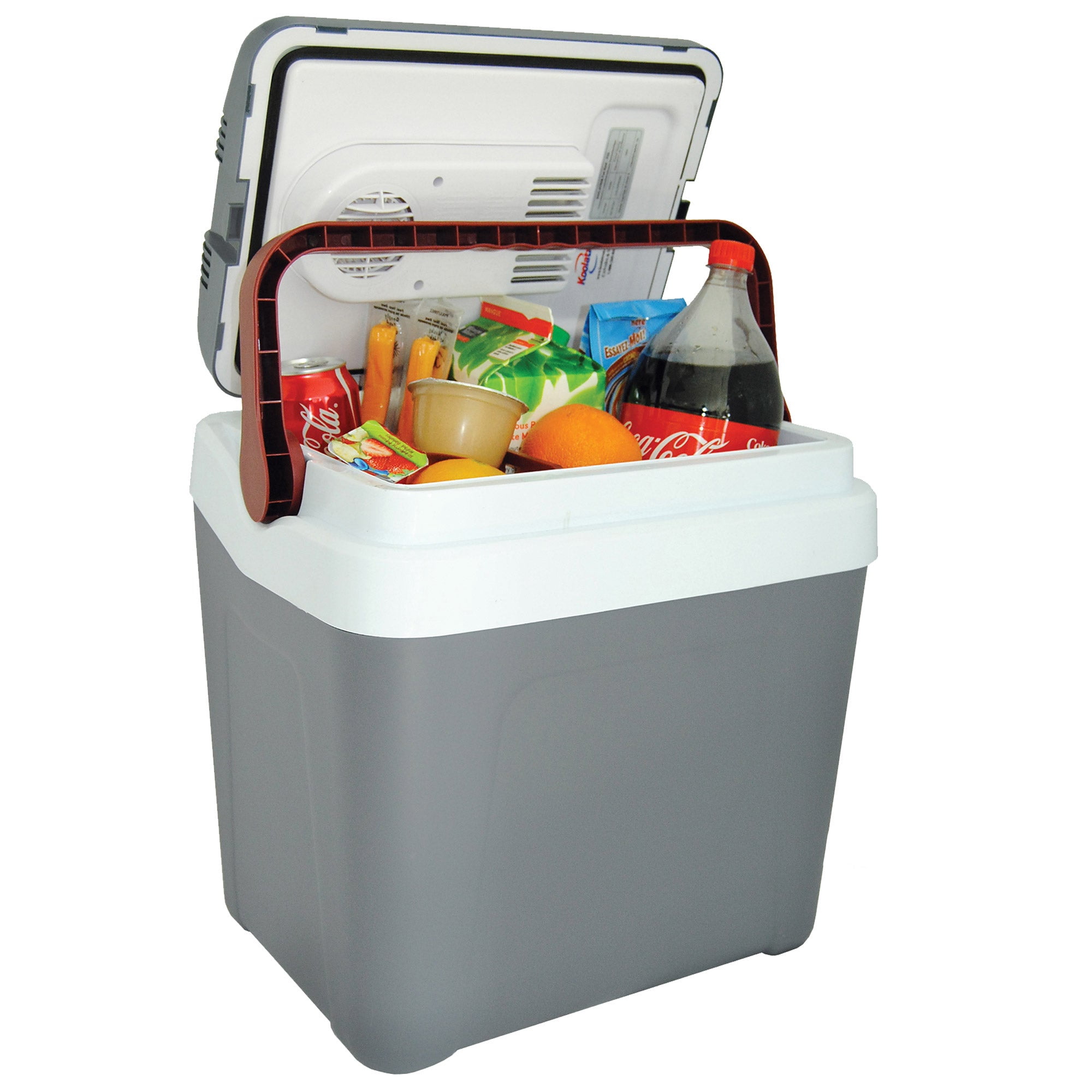 Koolatron 12V Electric Cooler 24L (26 qt), Self-Locking Handle, Gray/Red