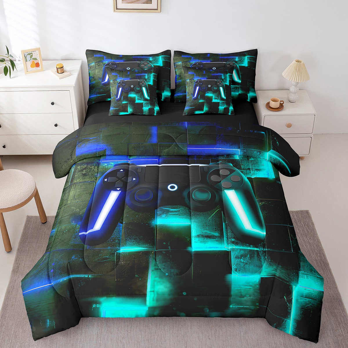 YST Abstract Neon Square Comforter Set, 7-Piece, Gamer Theme, Black Blue Teal, Geometric Glowing Checkered, Queen