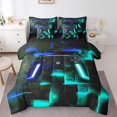 thumbnail image 1 of YST Video Game Gamepad Bedding Comforter Set, Twin 7-Piece, Abstract Neon Square, Black Blue Teal, Geometric Glowing Checkered, 1 of 4