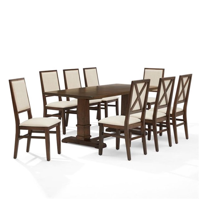 Pemberly Row Contemporary 9-Piece Dining Table Set in Dark Oak/Creme