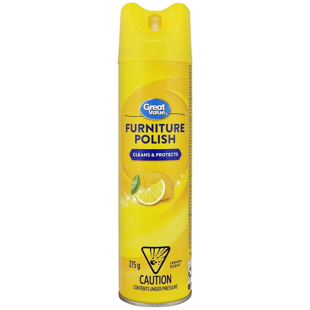Great Value Poli pour Meubles au Parfum de Citron, Bombe Aérosol de 275 g pour Meubles en Bois, Photo de Produit Orientée vers l'Avant; Nettoie et Protège les surfaces en Bois, Parfum Citron, Élimine la Poussière, la Saleté et les Bavures avec une Finition Sans Cire, Sans Résidus; Bien Agiter avant d'Utiliser; Utilisé Souvent pour Rafraîchir les Garnitures en Bois et les Cadres Photo.