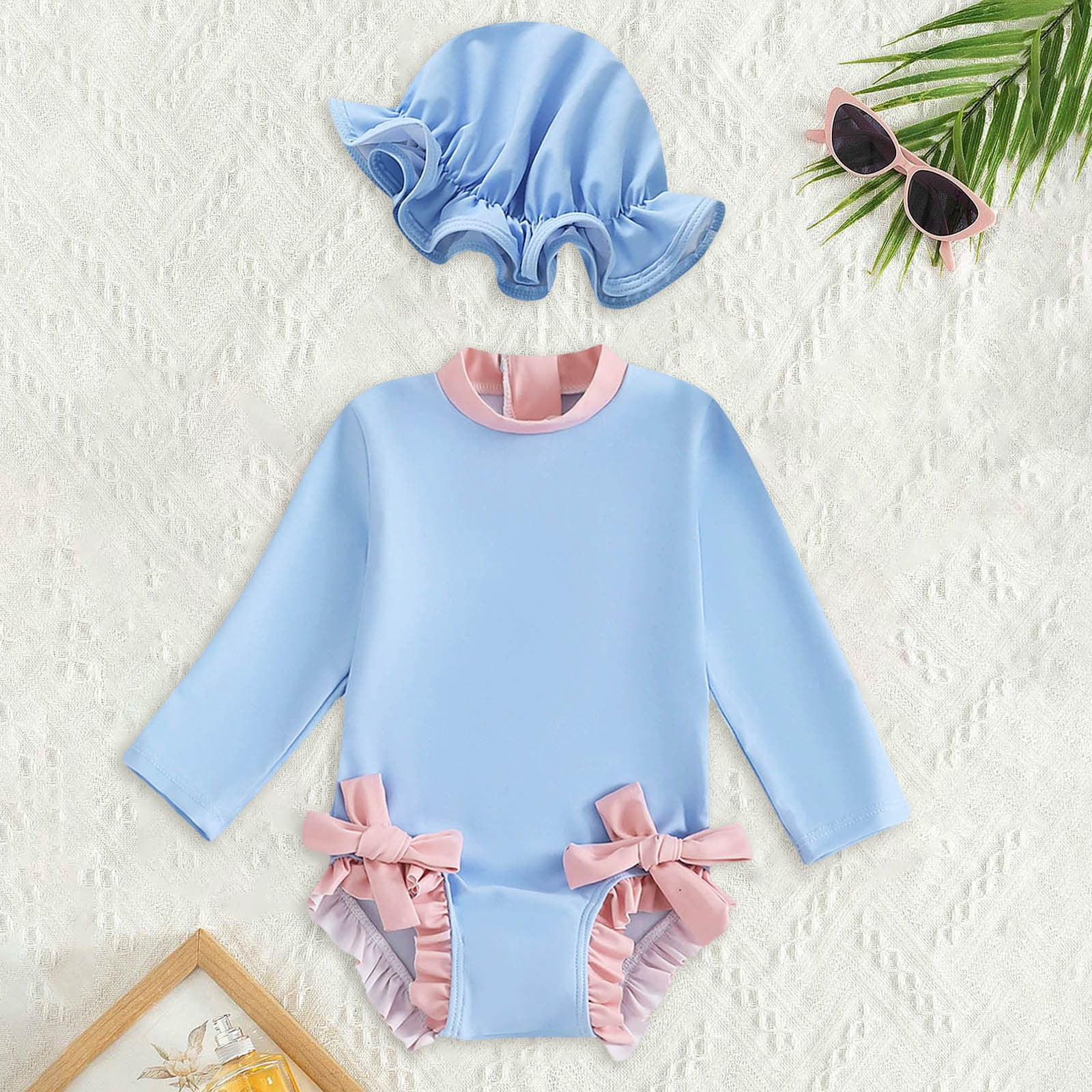 Girl Rash Guard Swimsuit Ruffle Floral Pattern Long Sleeve Sun Protection Toddler Bathing Suit 12-18 Months