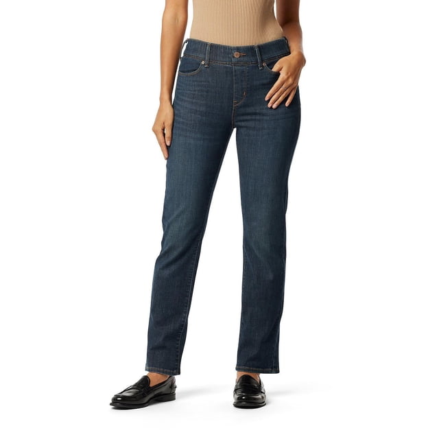 Levi Strauss Signature™ Women’s Shaping Perfect Pull-On Straight Jeans in hazy sapphire blue with mid-rise pull-on waistband, faux fly, 5-pocket styling, and classic straight-leg cut made from stretch denim for comfort and shape retention, ideal for everyday wear.