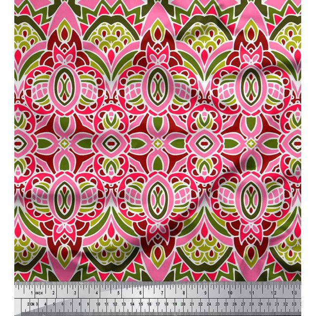 Soimoi Crepe Silk Fabric Moroccan Damask Decorative Print Fabric by The Yard 42 Inch Wide