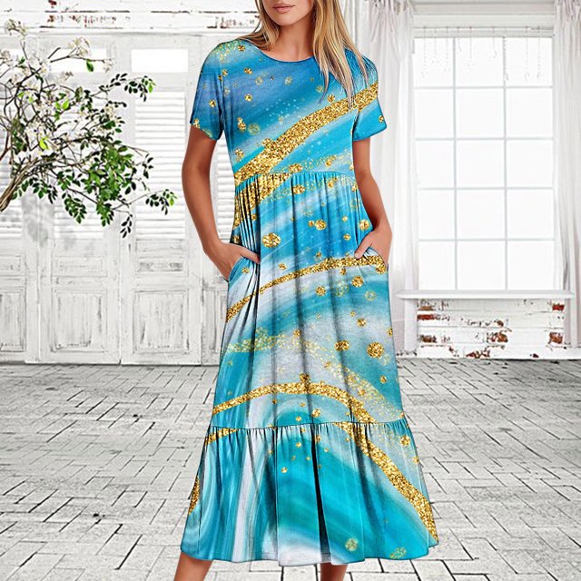 Fshaion Robe d'Été pour Femmes 2024 Grande Taille Décontractée à Manches Courtes Col Ras du Cou Robe Décontractée Fluide à Volants Maxi Robe de Plage avec Poches Robe Imprimée Liquidation à Moins de 10!