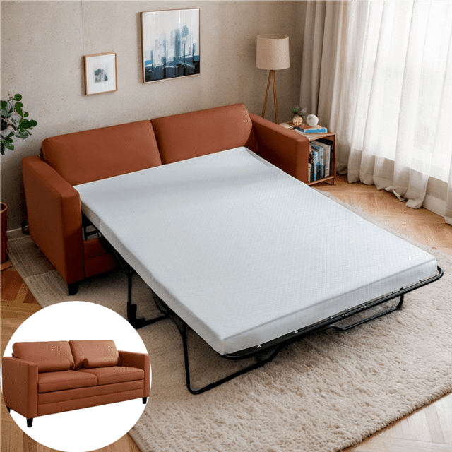 Puremind Canapé-Lit Escamotable avec Matelas, Canapé-Lit Format Grand en Similicuir Couleur cognac, Conçu pour les Appartements et les Petits Espaces. le Canapé Se Transforme en Lit avec un Matelas Blanc, Soutenu par un Cadre Métallique Robuste. Comprend un Tissu Résistant aux Rayures, un design Gain de Place et des Coussins Traversins pour un Confort Accru.