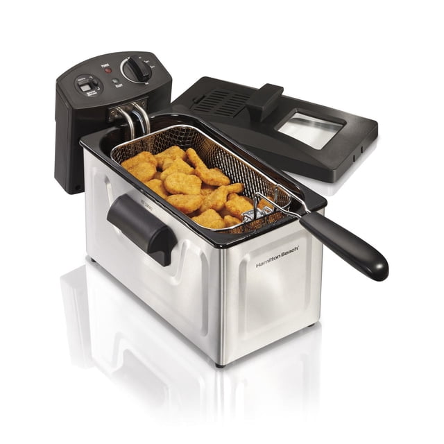 Hamilton Beach 3 Litre Stainless Steel Deep Fryer 35033C with a stainless steel rectangular body and black handles, containing a large frying basket filled with breaded chicken nuggets, a removable lid with a viewing window, and a control panel with a 60-minute digital timer and adjustable temperature dial for precise frying.