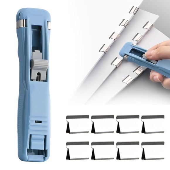 ZXNWN Agrafeuse Sans Agrafes Agrafeuse de Reliure Portable avec 8 Pinces Métalliques Réutilisables Distributeur Portatif de Pinces en Papier Bleu Brume