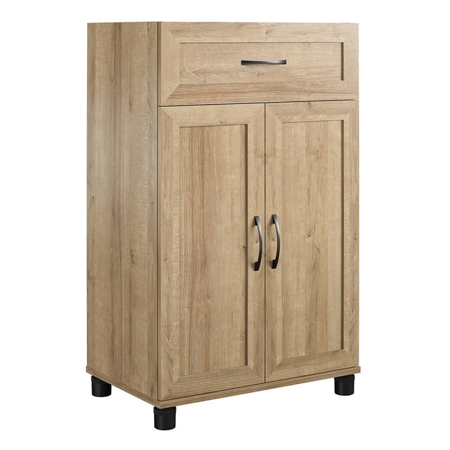 RealRooms Armoire de Rangement à Base Encadrée de 24 Pouces en Fini Bois Naturel avec un Tiroir Coulissant en Métal et Deux Portes avec Poignées Noires, Posée sur des Pieds Réglables pour le Nivellement, Idéale pour le Rangement et l'Organisation des Articles Ménagers à la Maison.
