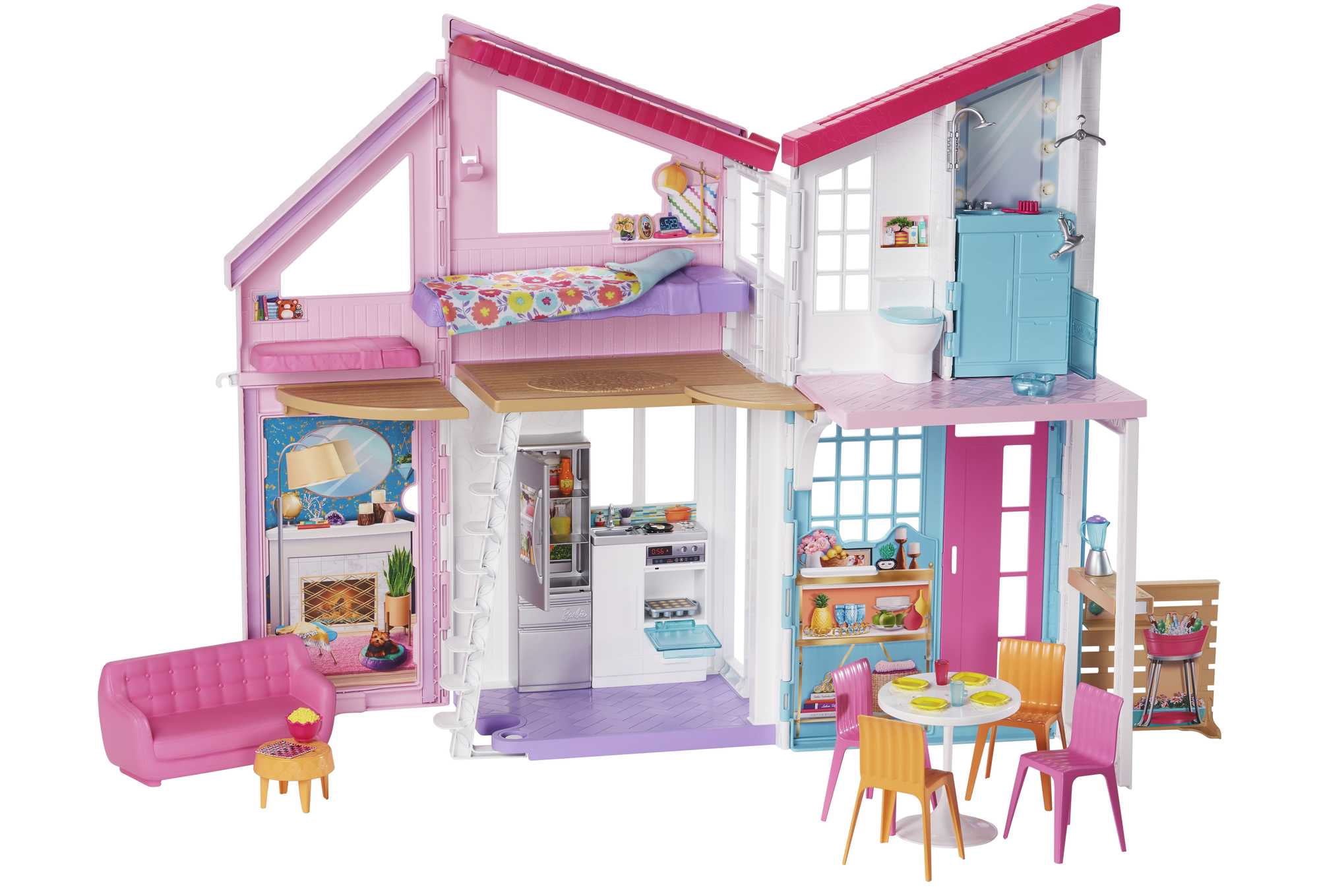 Barbie Malibu House 2-Story, 6-Room Dollhouse with Transformation Features, for Kids 3 Years Old and Up