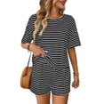 thumbnail image 4 of Striped 2 Piece Sweater Set for Womens Summer Short Sleeve Tops Loose Matching Shorts Lounge Sets Tracksuit, 4 of 5