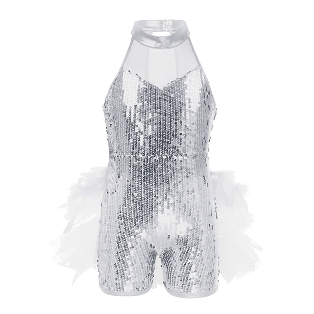 Linjinx Robe Tutu de Danse Ballet à Sequins Brillants pour Filles, Costume de Performance Jazz Latin Moderne Blanc 14