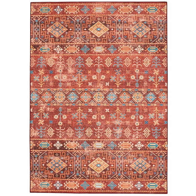 Devlin Tapis d'Accent Lavable 3 Pieds x 5 Pieds en Rouge et Ivoire avec Motifs Géométriques et Floraux Inspirés du Sud-Ouest et accents Bleus et Beiges, Fabriqué en polyester 100 % Résistant aux Taches avec Endos Antidérapant, Lavable à la machine pour un Entretien Facile, Convient aux Zones à Fort Passage et aux Salles Familiales.