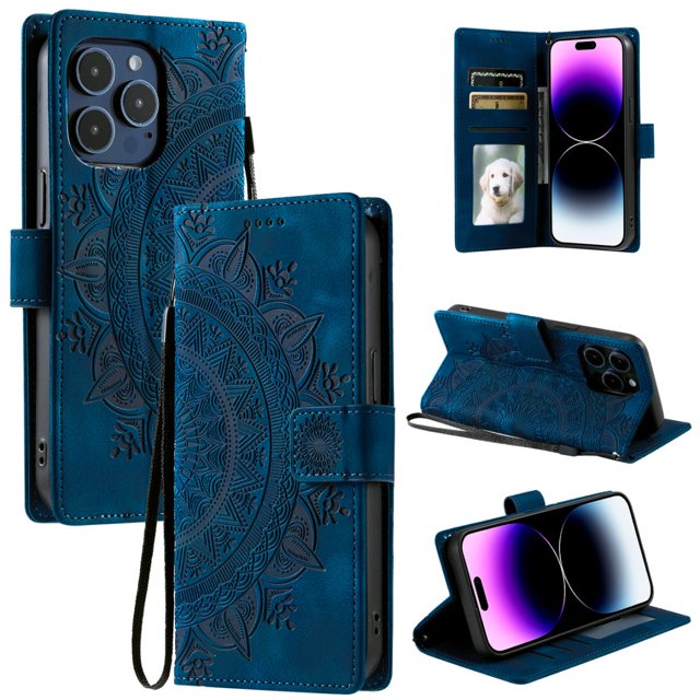 Flip Case for iPhone 16 Pro, Totem Embossed Flowers Premium PU Leather Wallet Folio Cover with Card Holder Kickstand Compatible with iPhone 16 Pro - Blue