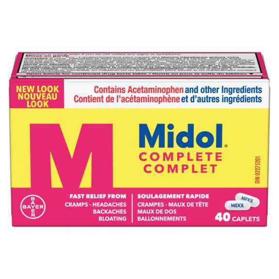 Midol formule complète offrant un soulagement rapide de la douleur associée aux multiples symptômes menstruels tels que les crampes, les maux de tête, les maux de dos et les ballonnements