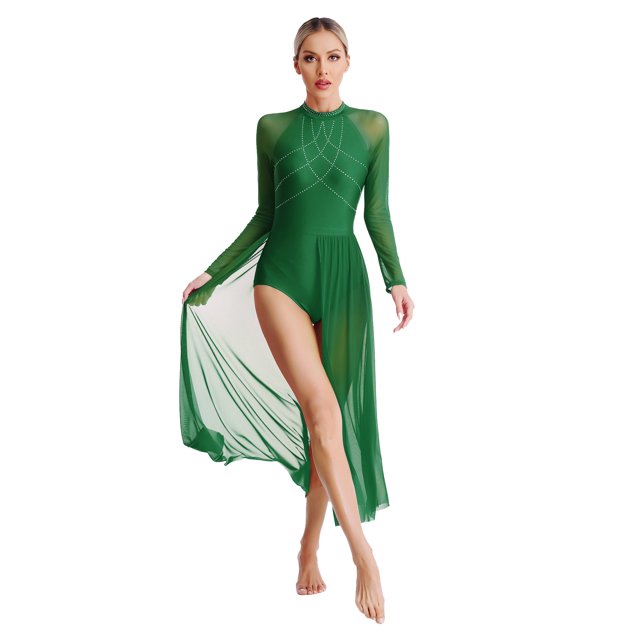 TTAO Costumes de Danse Lyrique pour Femmes à Manches Longues en Maille Tulle Fluide Robe Maxi Longue Vert P