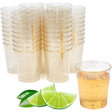 MATANA 200 Verres à Shooter Transparents Pailletés Or 2oz - Gobelets Élégants pour Dégustation de Vin, Échantillon de Nourriture, Dessert, Cocktail pour Réception de Mariage, Fête d'Anniversaire et Événements