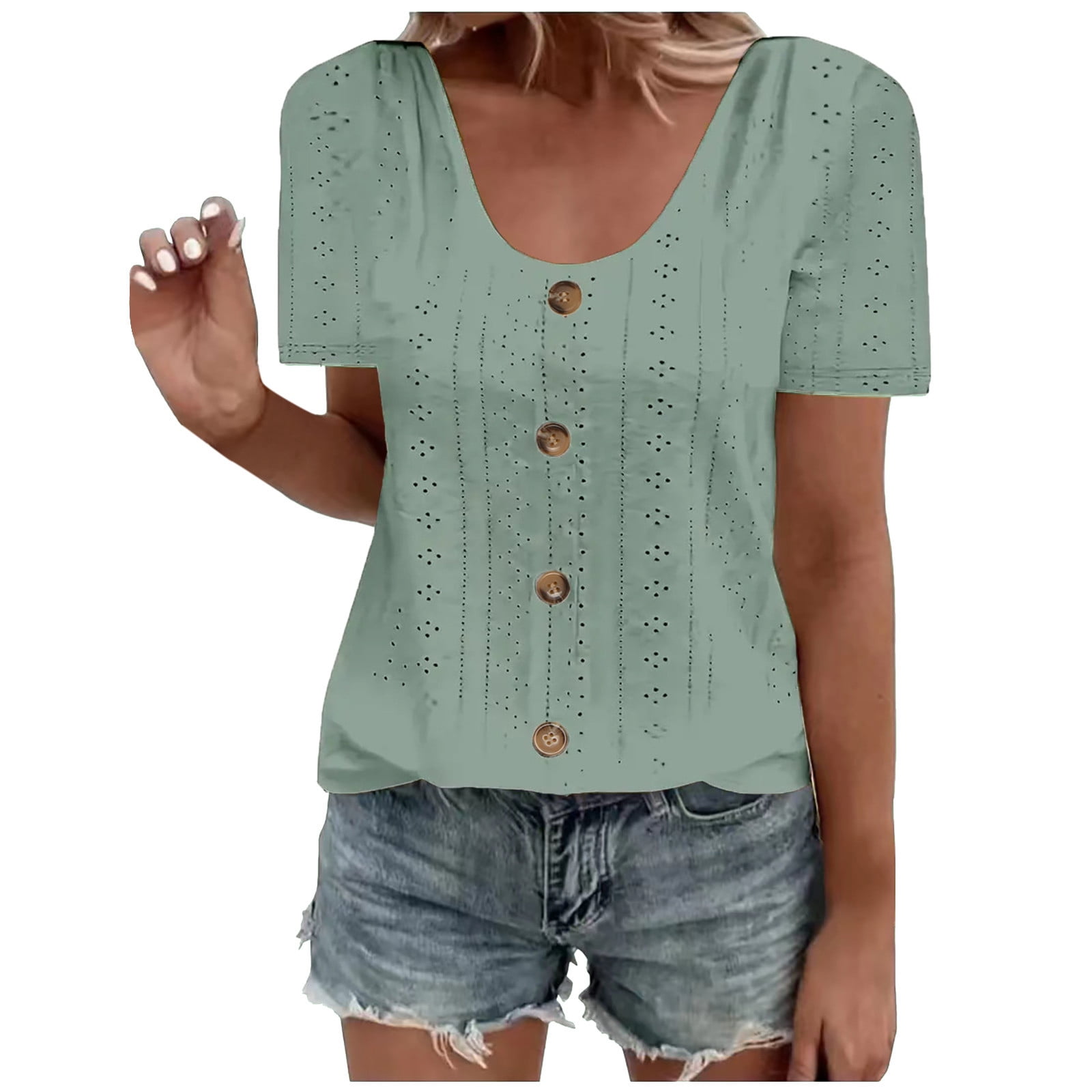 Timegard Womens Tops Plus Size Eyelet Scoop Neck Short Sleeve Button Tops Dressy Casual Loose Shirts