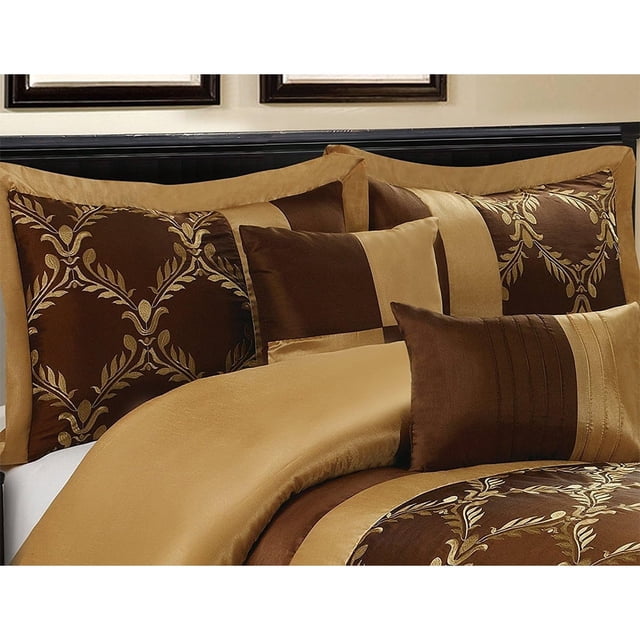 Comforter Set Queen Size 7-Piece Soft Bedding Quilt Coverlet Bedspread with Tight Fabric and Strong Handle Chocolate and Gold