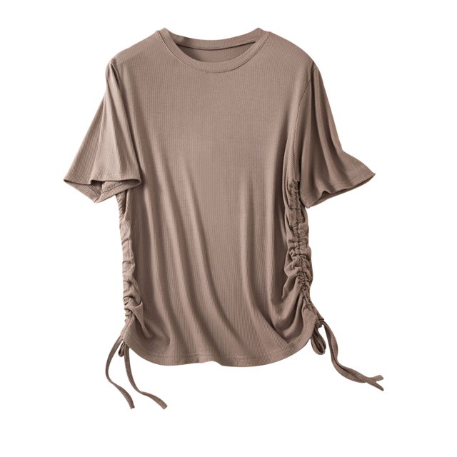 Birdeem Haut Femme Col Rond Uni en Coton Ajusté avec Cordon de Serrage Manches Courtes Col Rond/chemise