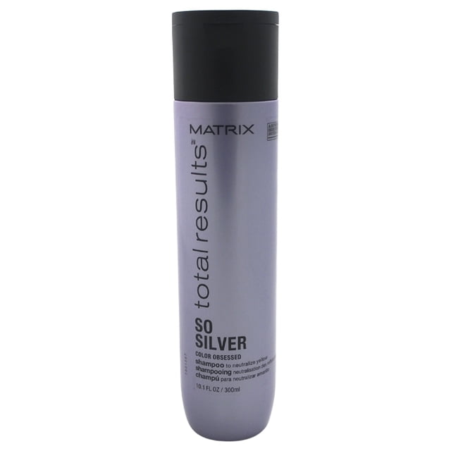 MXTTLRSSOSLVRSHAM Matrix Total Results So Silver shampoo in a 10.1 fl oz light purple bottle with black cap, formulated to cleanse and neutralize brassy yellow tones in silver, gray, and blonde hair, enhancing brightness for color-treated or natural hair.