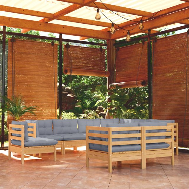 vidaXL 9 Piece Garden Lounge Set with Grey Cushions Solid Pinewood