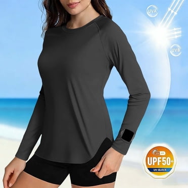 Maqroz Rash Guard for Women Long Sleeve UPF 50+ SPF UV Sun Protection Shirts Crew Neck Drop Shoulder Lightweight Quick Dry Hiking Fishing Workout Tops Vacation Beach Swim Shirts Black L