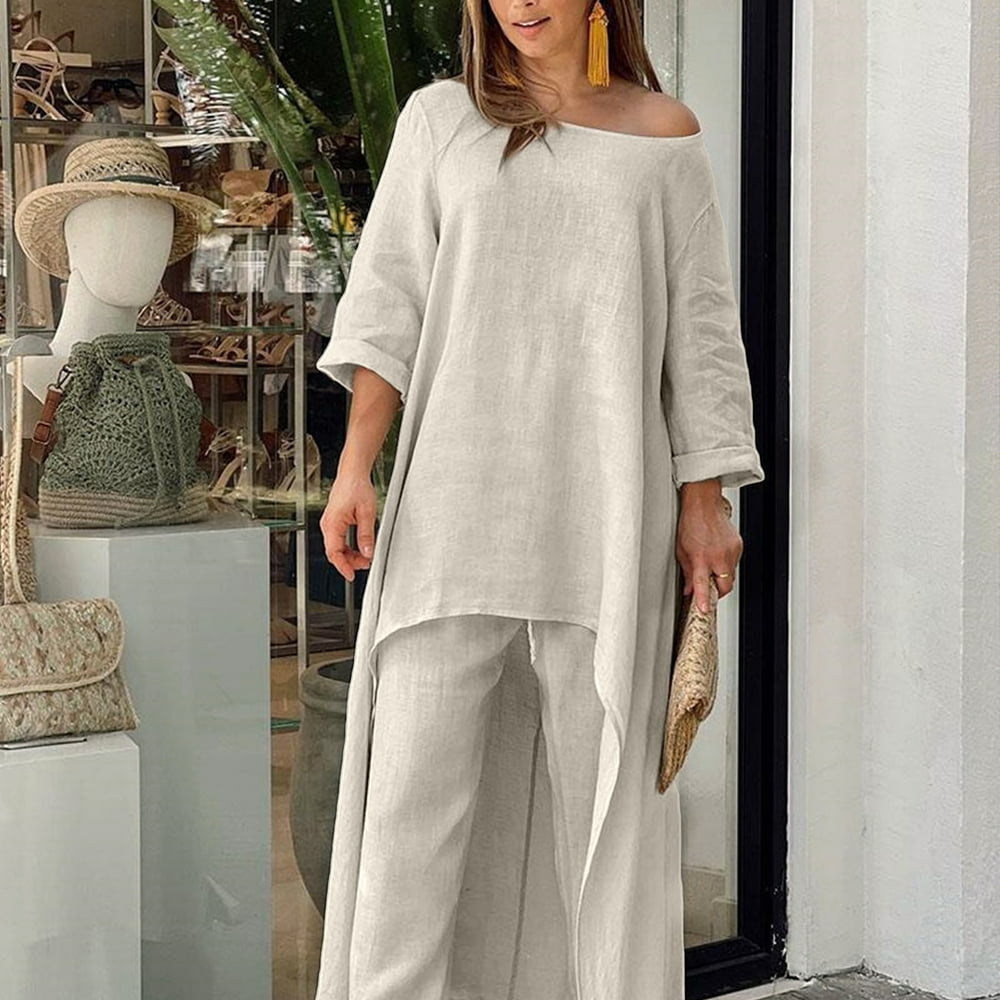 Ensemble de Survêtement pour Femme à Manches Longues Haut+pantalon en Coton et Lin 2 Pcs