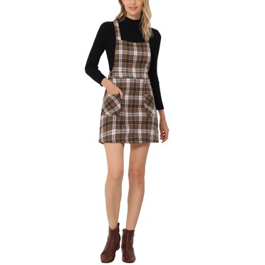 INSPIRE CHIC Women's Plaid Button Decor A-Line Pinafore Overall Dress XL Deep Brown