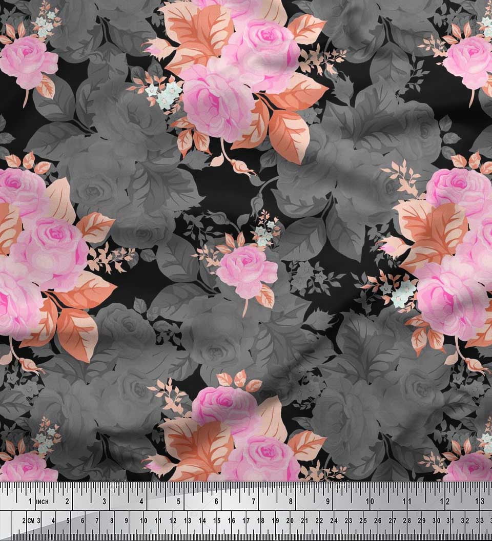 Soimoi Poly Georgette Fabric Leaves & Rose Floral Print Fabric by The Yard 52 Inch Wide
