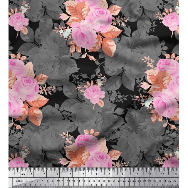Soimoi Tissu en Poly Georgette Feuilles & Roses Imprimés Floraux au Mètre 42 Pouces de Large