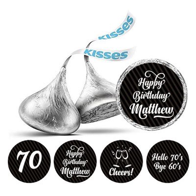 Darling Souvenir Cheers 70th Birthday Custom Name Stickers 190 Pcs Candy Labels Party Favor-Black