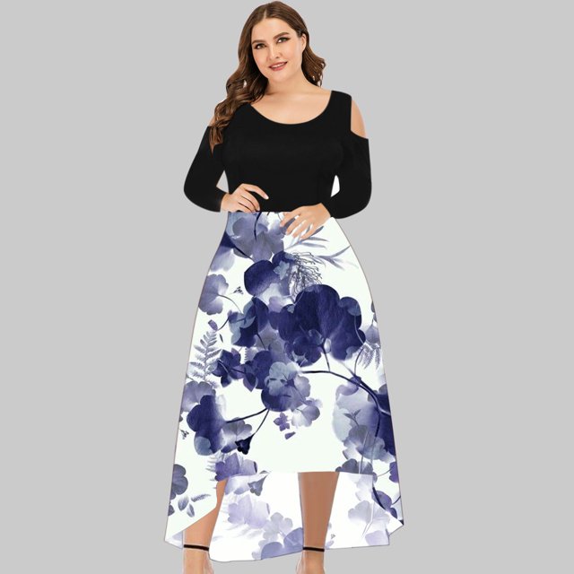 EQWLJWE Robes pour les Femmes Grande Taille Dégradé Floral Imprimé Épissage Cou Plus Robe Off Femmes Ourlet Partie Sexy Ronde Pull Manches
