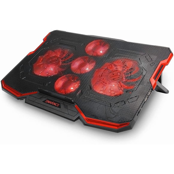 ENHANCE Cryogen Gaming Laptop Cooling Pad - Fits 17 in. Computer, PS4 - Adjustable Laptop Cooling Stand with 5 Quiet Cooler Fans, 2 USB Ports and LED Lighting - Slim Portable Design 2500 RPM, Red