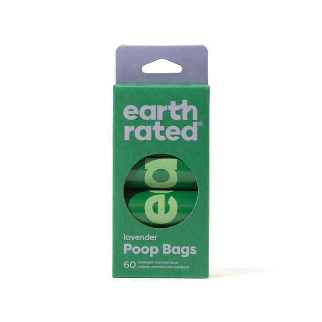 Earth Rated Lavender Poop Bags in green box with circular window revealing two green refill rolls, containing 60 lavender-scented bags designed for dog waste management and made from eco-friendly materials.