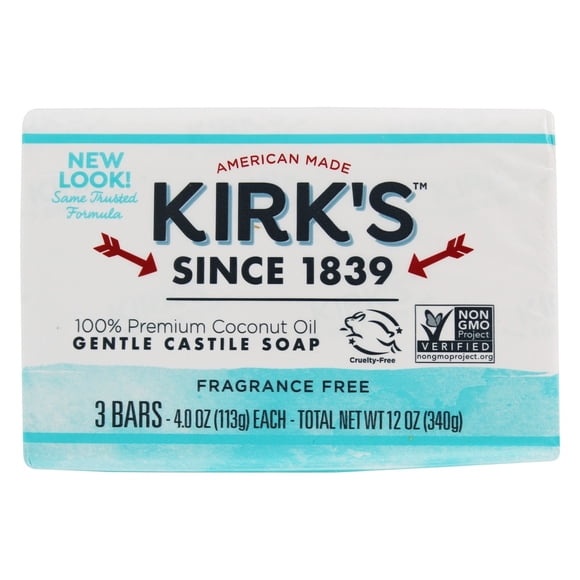 Kirk's Natural - Savons de Castille Haut de Gamme à l'Huile de Coco Sans Parfum - Lot de 3